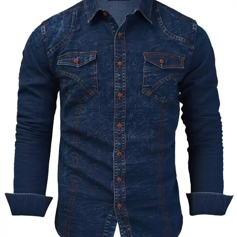 Men's Washed Denim Style Stretchy Fitted Casual Shirt - Collared, Long-Sleeve, Button-Up, Soft Premium Fabric, Durable Daily Wear, All-Season Modern Edge Top (Size M), Stretchy Fitted Men's Casual Shirts