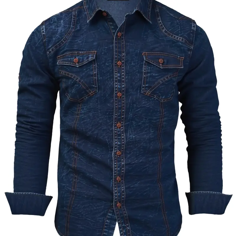 Men's Washed Denim Style Stretchy Fitted Casual Shirt - Collared, Long-Sleeve, Button-Up, Soft Premium Fabric, Durable Daily Wear, All-Season Modern Edge Top (Size M), Stretchy Fitted Men's Casual Shirts