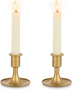 Gold Taper Candle Holder Set of 2,Brass Candlestick,Vintage Small Low Metal Candles Sticks for  Centerpieces Christmas Party Holiday   Decor Ornaments