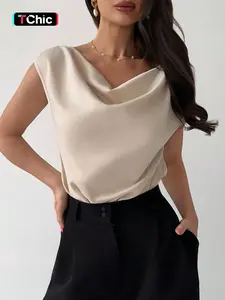 Women's Cowl Neck Cap Sleeve Bodysuit, Satin-Finish Woven Fabric, Boat Neck Back, Crotch Snap Closure, Daily Casual Chic Office Commute Date Evening Party Wear, Wrinkle-Resistant Non-Shifting Draped Breathable