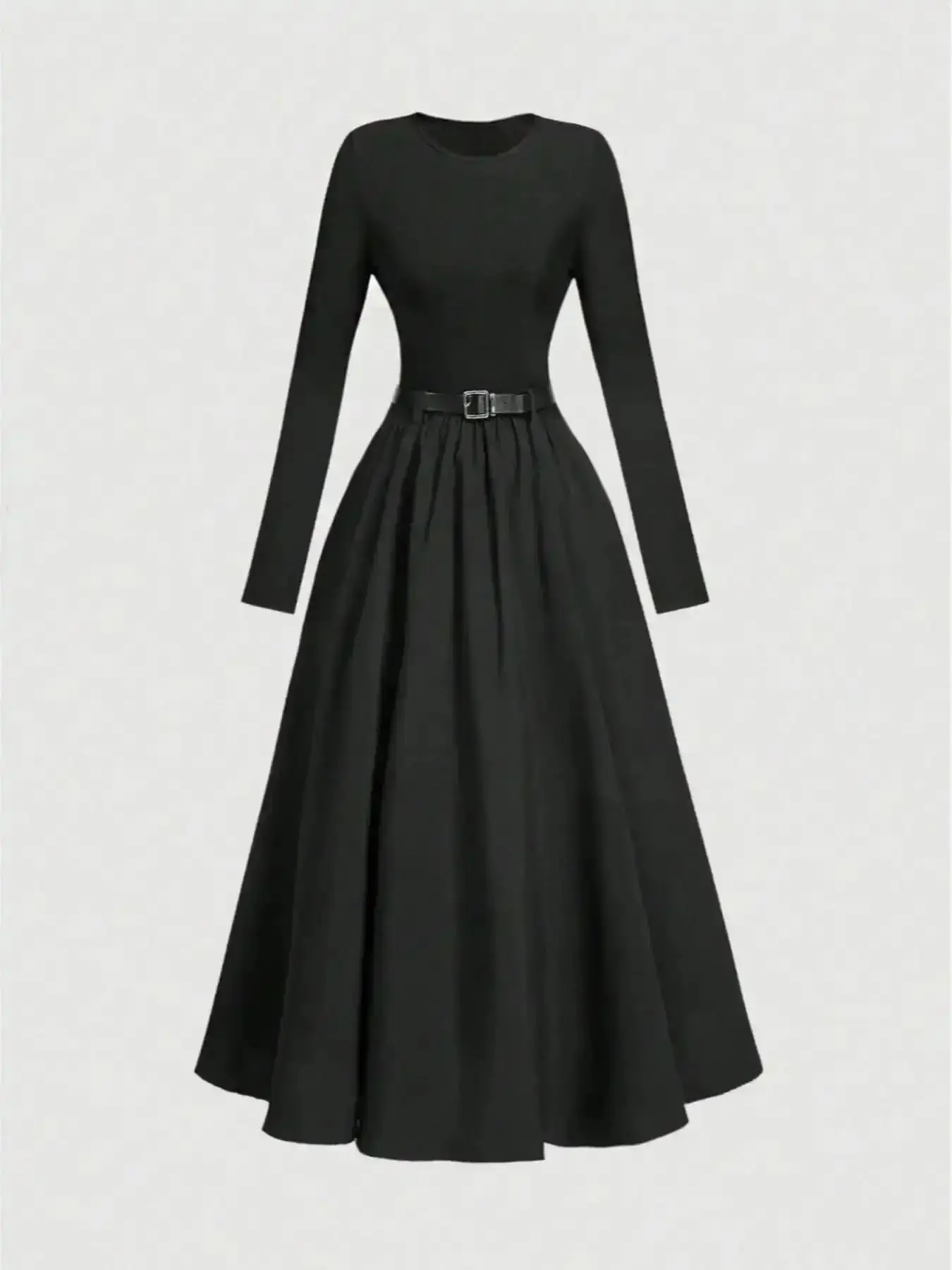 Women's Solid Color Long Sleeve Dress with Belt, Classy Modest Dresses, Elegant Fashion Casual Round Neck Dress for Daily Outdoor Wear, Women Dress for Spring & Fall, Modest Style Dress Ladies Bohemian Women Fashion