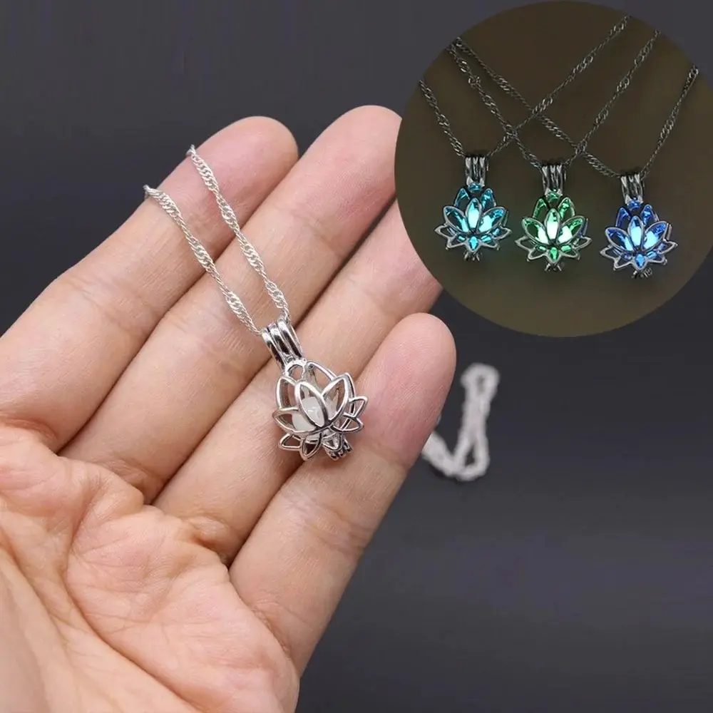 Women's Elegant Luminous Glowing-in-the-Dark Moon Lotus Flower Pendant Necklace - Female Buddhism Yoga Prayer Chain Jewelry Necklaces, Fashion Costume Accessory