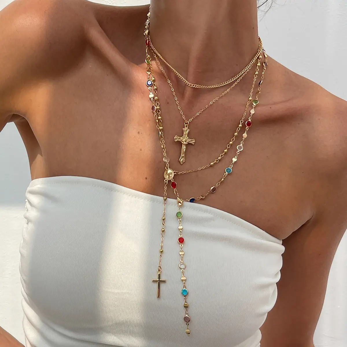 Luxury Rhinestone Cross Pendant Necklace Set for Women Vintage Simple Colorful Crystal Long Y-shaped Necklace Y2K Party Jewelry