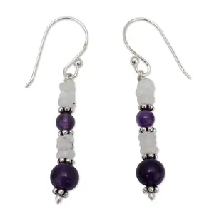 NOVICA Artisan Handmade Amethyst and Rainbow Moonstone Dangle Earrings | 925 Sterling Silver | Clear Purple Beaded Jewelry | India Birthstone | 'Morning Clouds' | 1.6" L x 0.2" W