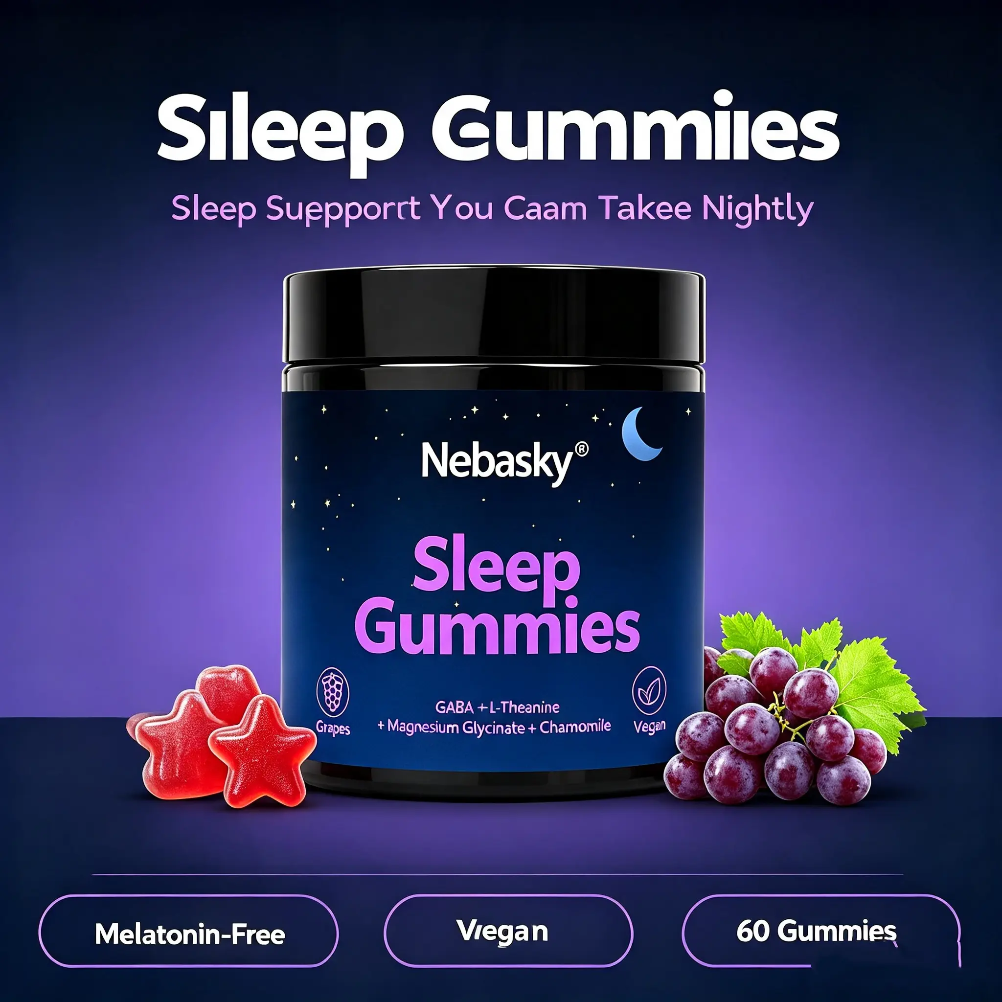 Natural Sleep Gummies - 60 Servings -Sweet Strawberry Stars (Melatonin Free) mouth tape for sleep sputum liquid electrolytes