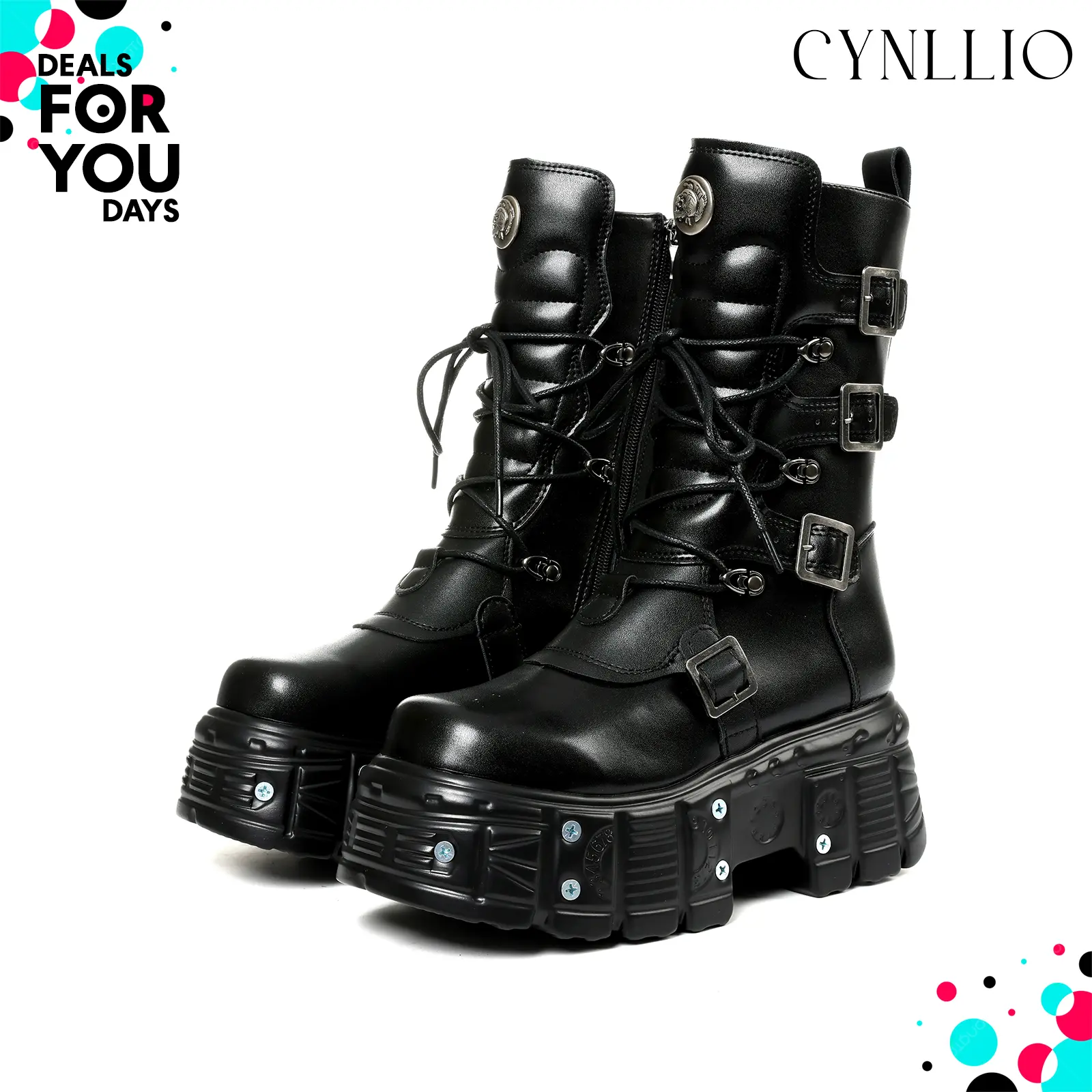 CYNLLIO Womens Mid Calf Goth Combat Boots Round Toe Chunky Platform Metallic Bolts Metal Badge Side Zipper Lace Up Adjustable Buckles Comfy Fashionable Party Outing Dating Concert Cosplay Biker Punk Boot Deals For You Days