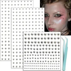 Face Gems Lip Stud, Fake Nose Stud & Eyebrow Stud-Non Piercing Silver Belly Button Stickers, Face Stickers for Music Festival-Cool Punk Y2K Makeup Patches for Women and Men