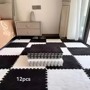 12 pieces of thickened plush bedroom, living room, bedroom bedside carpets, floor mats, cloakroom tatami, bay window, cuttable, dirt-resistant, fully covered for rental house renovation, Geometric Graphic Rug (Model: DM520)