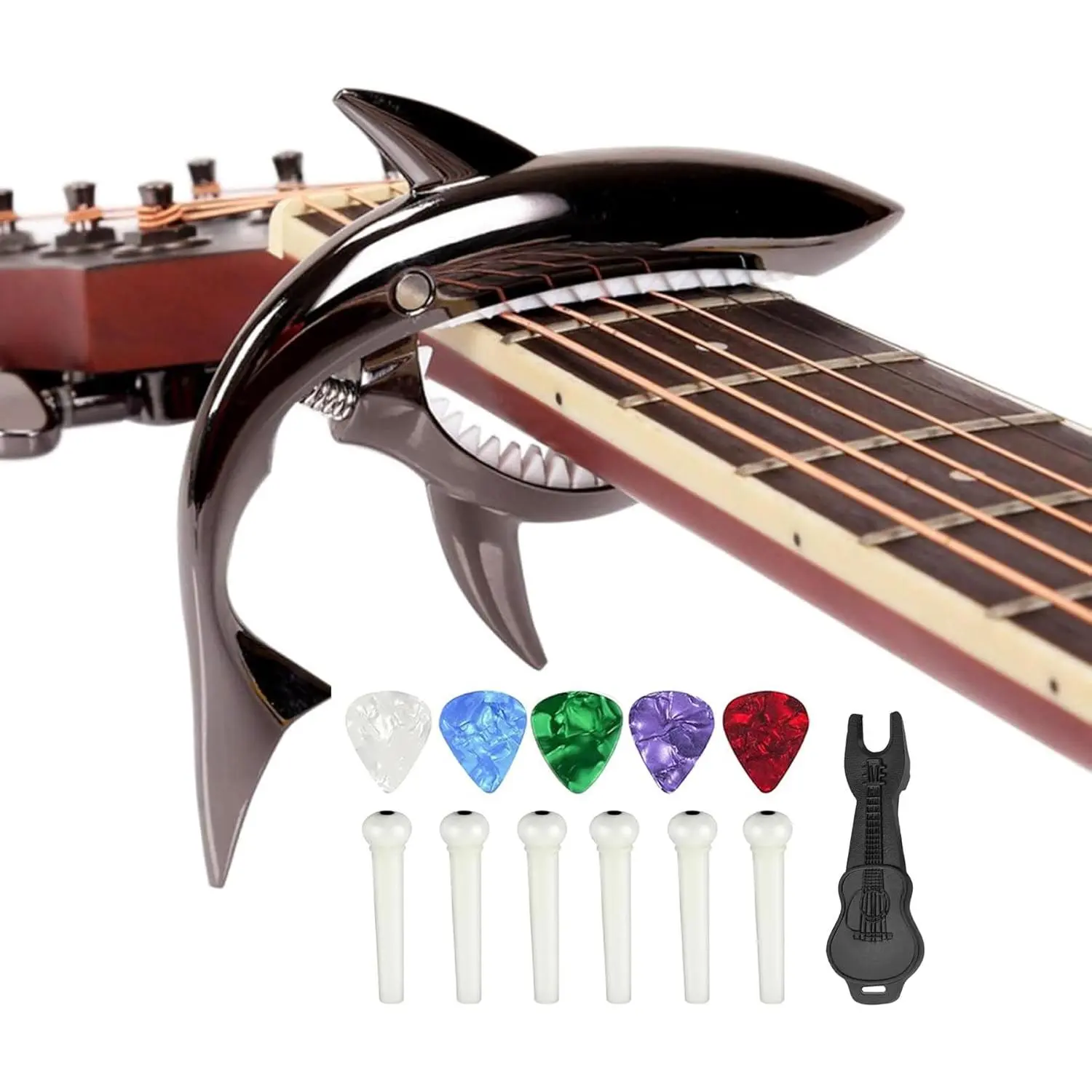 Guitar Capo Kit for Electric, Acoustic, Classical Instruments – 6 Bridge Pins, Pin Puller Remover, Replacement Parts & Accessories Set, Guitar Kit