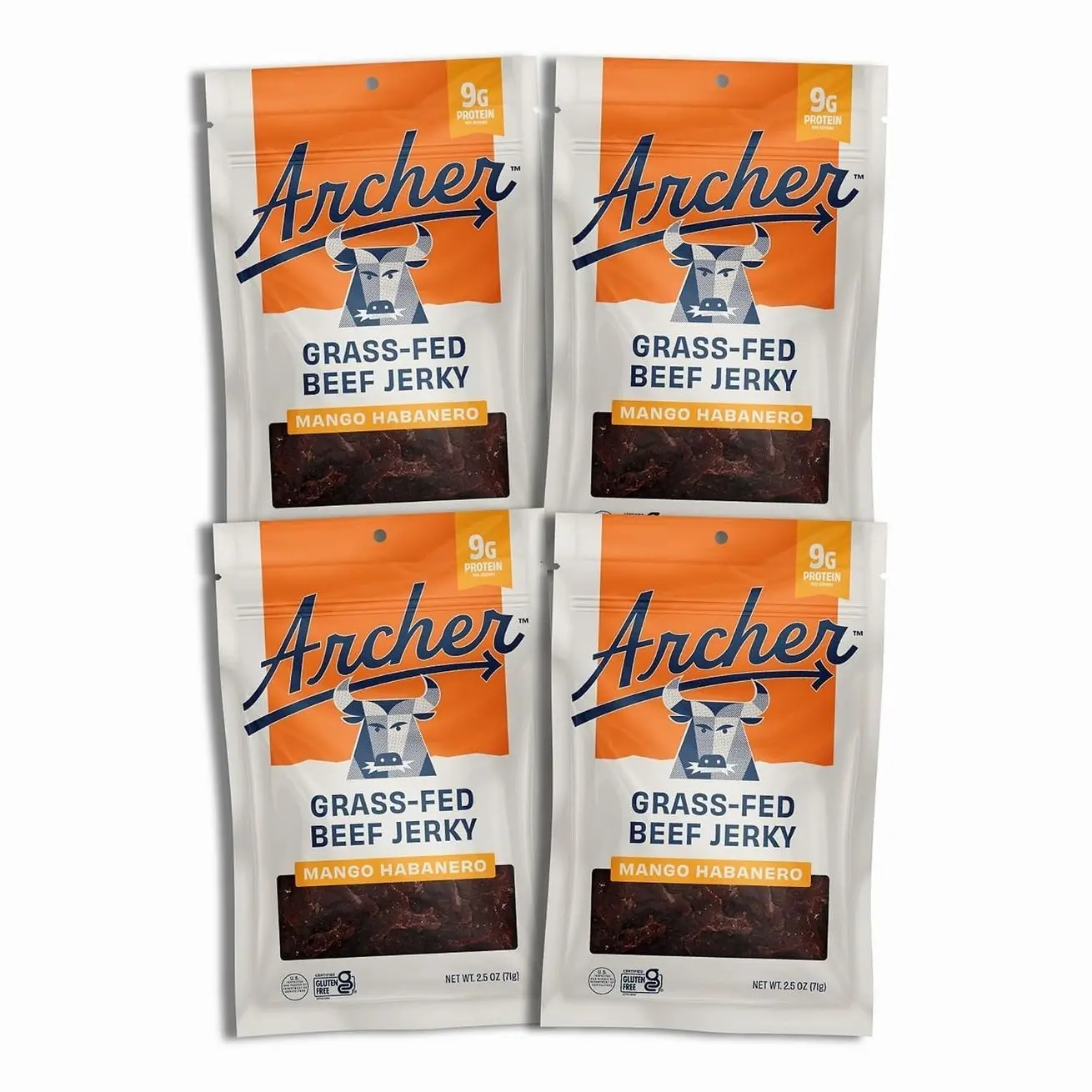 Country Archer Grass-Fed Beef Jerky - Beef Snack Pack Bulk, Individual Bags, Protein Snack, Gluten Free, Paleo - Mango Habanero, 2.5 Oz (4 Pack)