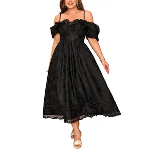 EYWOL Plus Size Formal Wedding Guest Dress for Women Elegant Puff Sleeve Embossed Jacquard 3-IN-1 Convertible Off-Shoulder Ruffle Details Luxury Occasions
