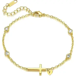 Gold Cross Bracelet for Women, 18K Gold Plated with Cubic Zirconia Stones, Personalized Initial Letter A-Z Heart Charm, Dainty Chain Bracelet, Trendy Jewelry Gift (F)