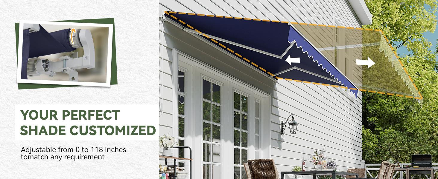 Aoxun Manual Retractable Awning for Outside 12x10 FT Outdoor Patio Sun Shades Canopy with Crank Handle Waterproof Polyester PA Coated Fabric for Backyard Deck Window