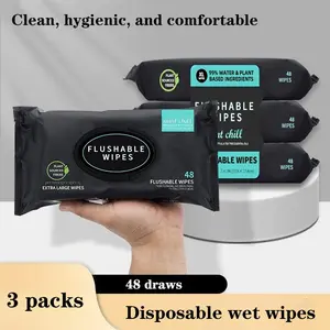 Flushable Wet Wipes Pack, 48 Sheets Large Unscented Adult Toilet Wipes with Vitamin E & Aloe Vera, Safe for Septic Systems & Sewer Lines
