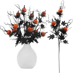 4 Halloween Branches with Small Pumpkins, Artificial Stems with Maple Leaves, Indoor Decor for Halloween Table Party