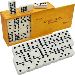 Queensell Double 9 Dominoes Set - 55 Tiles in Original Wooden Box - Board Game for Kids and Adults