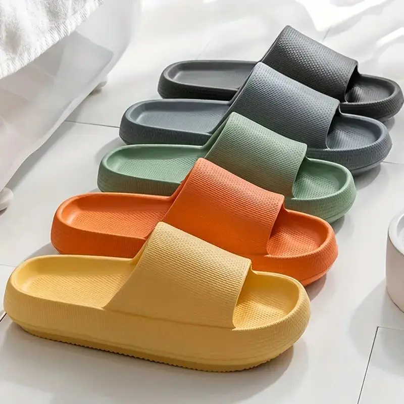 EVA Solid Color Pillow Slides, Lightweight Flat Soft Sole Home Non-slip Shower Slides, Comfort Summer Beach Slides