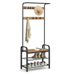 VASAGLE Coat Rack, Hall Tree with Shoe Bench for Entryway, Entryway Bench with Coat Rack, 4-in-1, with 9 Removable Hooks, a Hanging Rod, 13.3 x 28.3 x 72.1 Inches