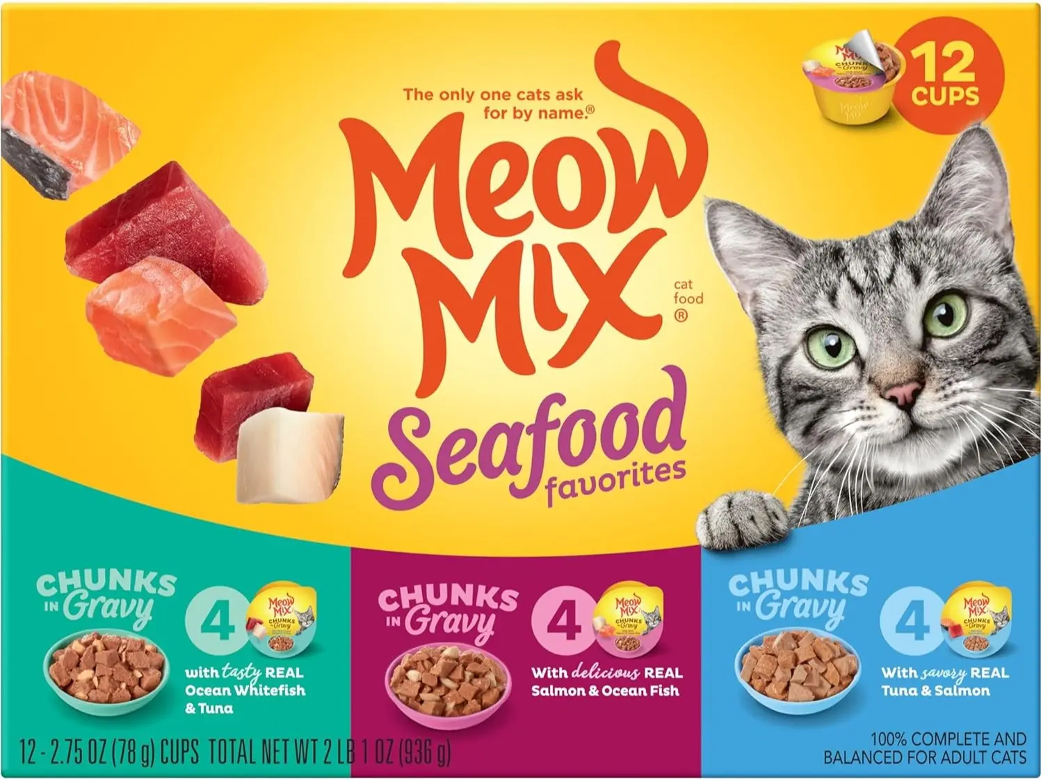 Meow Mix Savory Morsels Seafood Favorites Wet Cat Food Variety Pack, 2.75 oz Cans (12-Pack)