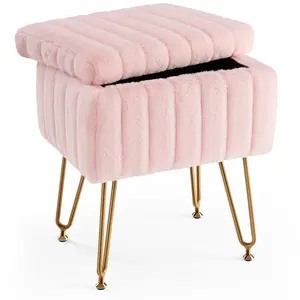 Vanity Stool with Hidden Storage (10L), Faux Fur Ottoman Chair with 4 Gold Metal Legs & 360° Swivel, Soft Padded Makeup Footstool for Bedroom, Living Room, Bathroom