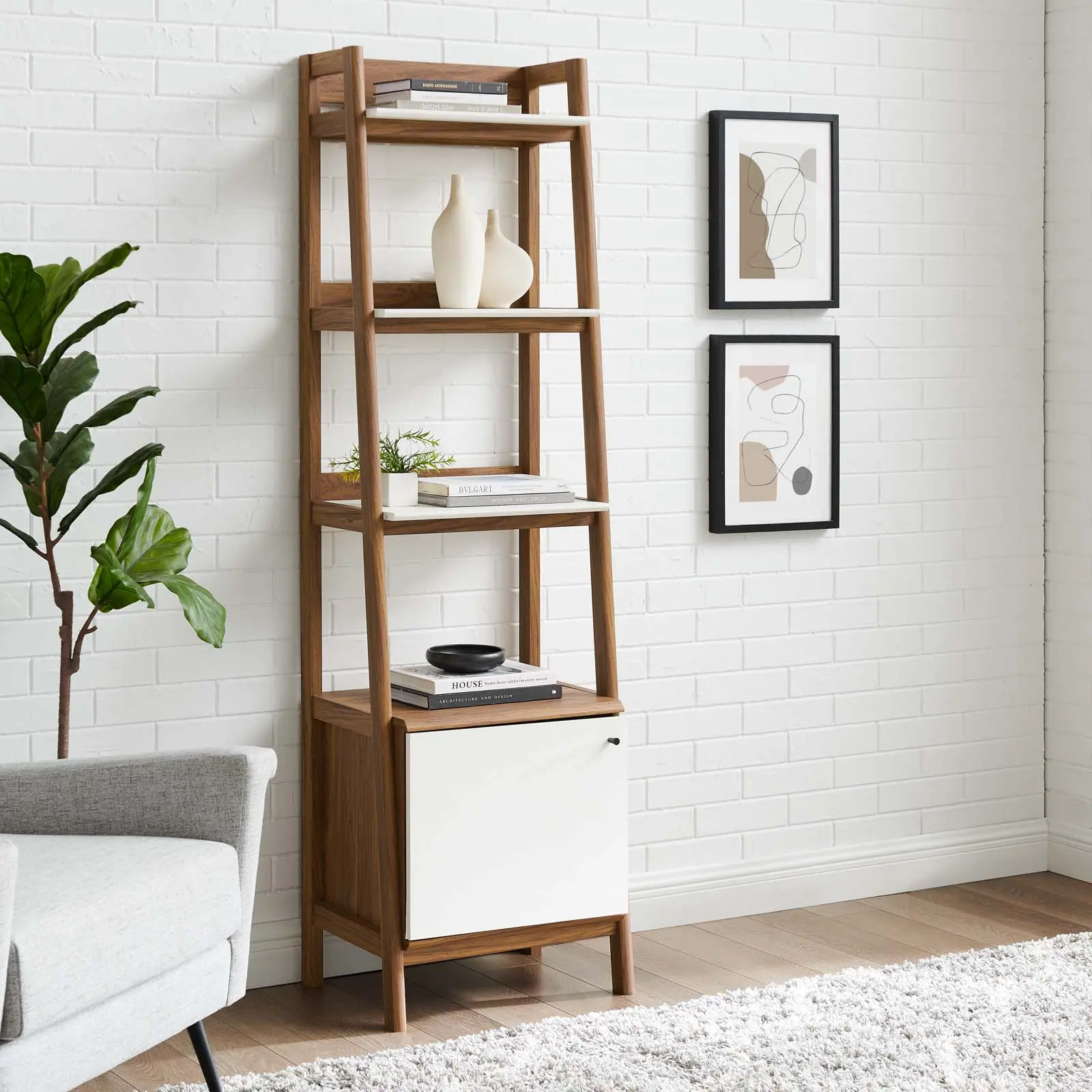 Modway Bixby 21" Aesthetic Minimal Modern Wood Bookshelf - Walnut White Indoor Storage Furniture for Living Room Organization & Design