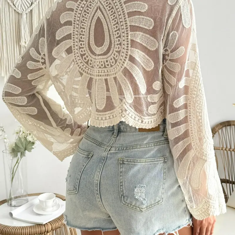 Boho Sunflower Swimsuit Cover-Up, Lightweight Knit Embroidery Mesh Lace Long Sleeve Top, UV Protection, Casual Travel Wear, Beach Cover Up, Bohemian Cover Up, Summer Coverup, Beachwear Cover Up, Swimsuit Coverups