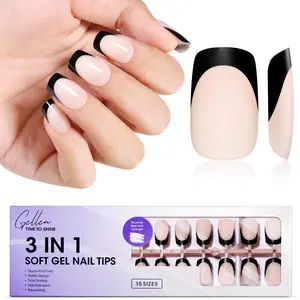 Gellen French Tip Press-On Nails – Soft Medium Square French Gel Nails (150 Pcs, 15 Sizes, Black Design)