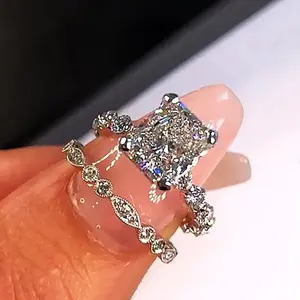 Creative Wedding Sets Rings Women Fashion Double Stackable Design Brilliant Square White Cubic Zirconia Ring