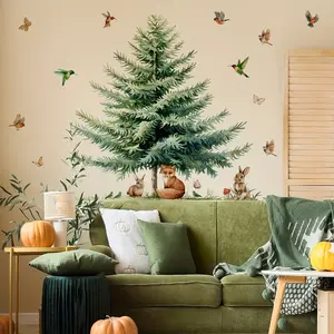 A set of two (30*90cm*2pcs) simple fir tree, small animal and bird wall stickers for decorating and beautifying the living room, bedroom and study Decorative Wall Sticker Wall Decal Adhesive Stickers (M16147-YJ)
