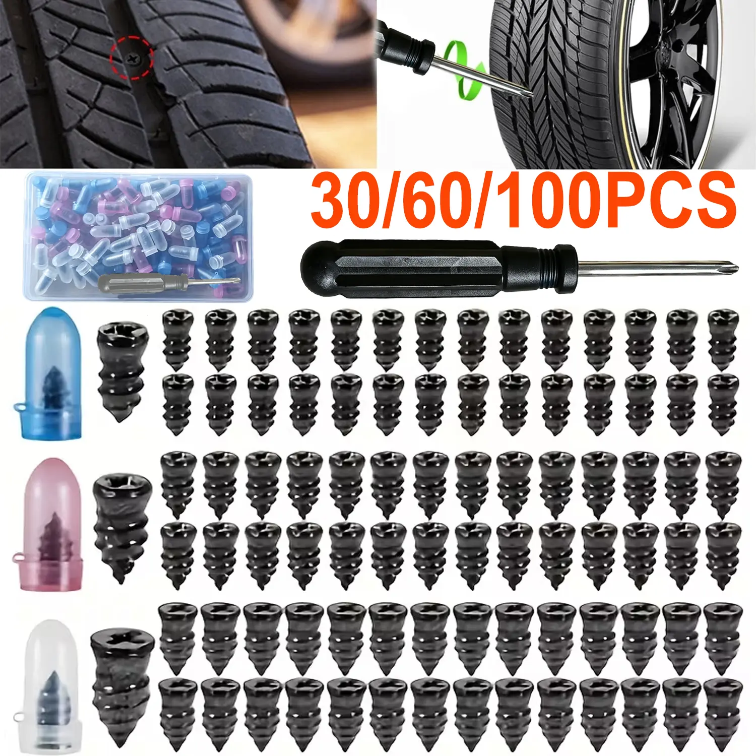 30/60/100PCS 3-Size Tire Repair Screws Plug Kit with 1 Screwdriver, Self-service Spiral Tire Repair Vacuum Rubber Nails for Car/Motorcycle/Truck/Tractor, Fast Puncture Repair Supplies