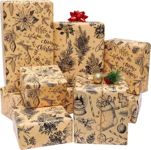 BOLIANNE Brown Christmas Wrapping Paper for Men Women Kids - Rustic Xmas Gift Wrap Paper for Holiday New Year Party - Vintage Design, 6 Large Sheets, 27 X 37 Inch, High Gloss