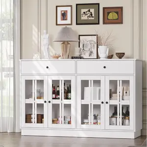 53.3" Modern Sideboard Buffet with 2 Drawers & 4 Glass Doors & LED Light, Large Kitchen Cabinet for Dining Room, Kitchen, Living Room, White
