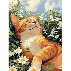 1Pcs 16x20in Unframed Little Orange Cat in the Flowers Acrylic Paint by Numbers Hand-colored Cat Fur Texture & Petal Layers Niche High-end Artistic Vibe Perfect for Light Luxury Healing Style Decor