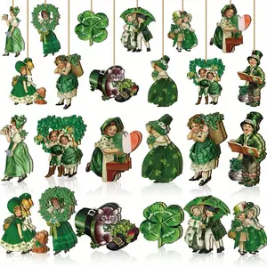 St Patricks Day Ornaments, Wooden Clovers Retro Hollow Hanging Rope, Tree Table Decoration, 12/24 Pieces Set, Perfect for Celebrations, Home Decor Ornaments