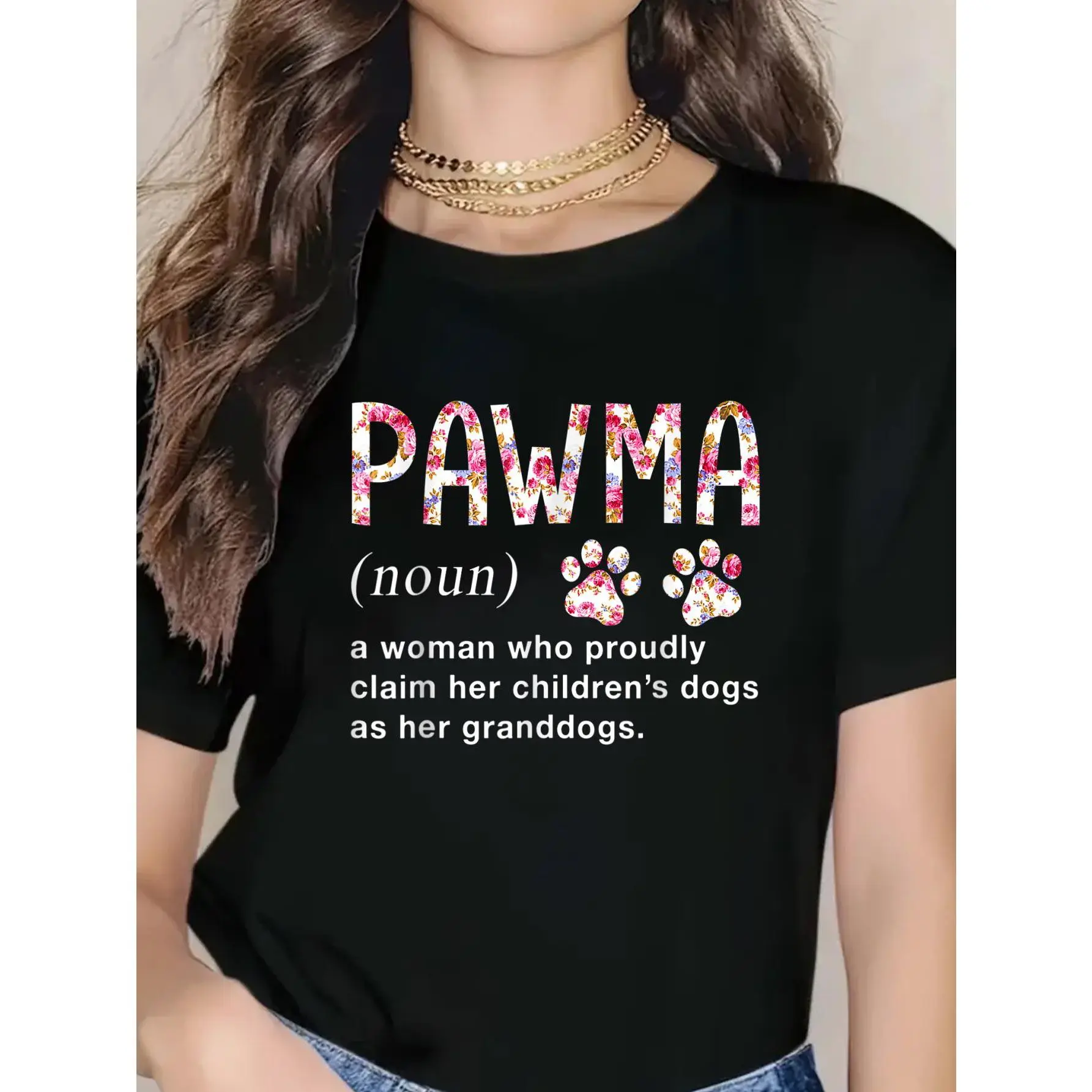 Women's 100% Cotton Round-Neck Shortsleeve T-Shirt - Unisex Casual Fit Aesthetic "Pawma Noun Definition" Floral Print for Mom/Grandma Dog Lovers (2026 Collection), Breathable
