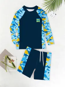 Boys and Girls Swimwear, Dinosaur Print Two-Piece Rash Guard Set with Long Sleeve Sun Protection, Perfect for Pool and Beach Fun