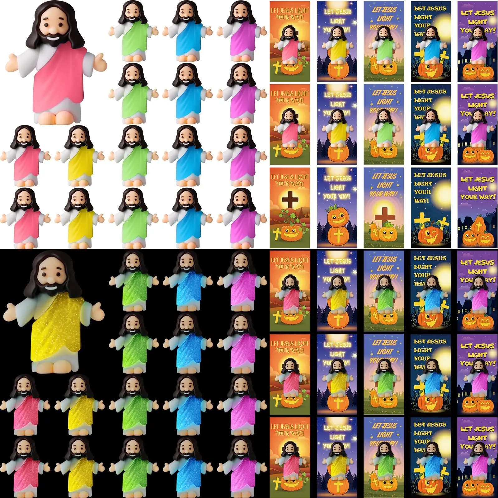 30/60/100PCS Luminous Cross Design Halloween Easter Party Favors - Mini Cross Pumpkins, Jesus Figures with Bible Verse Cards, Religious Collectibles Holiday Gifts for Kids Church Sunday School Decor
