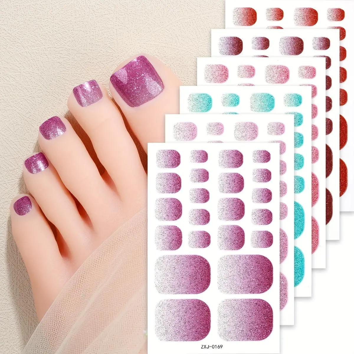 Fully Covered Glitter Toe Nail Stickers, 6 Sheets Fashion Self-adhesive Nail Stickers, Suitable for Women and Girls, Diy Nail Art, Nail Art Stickers