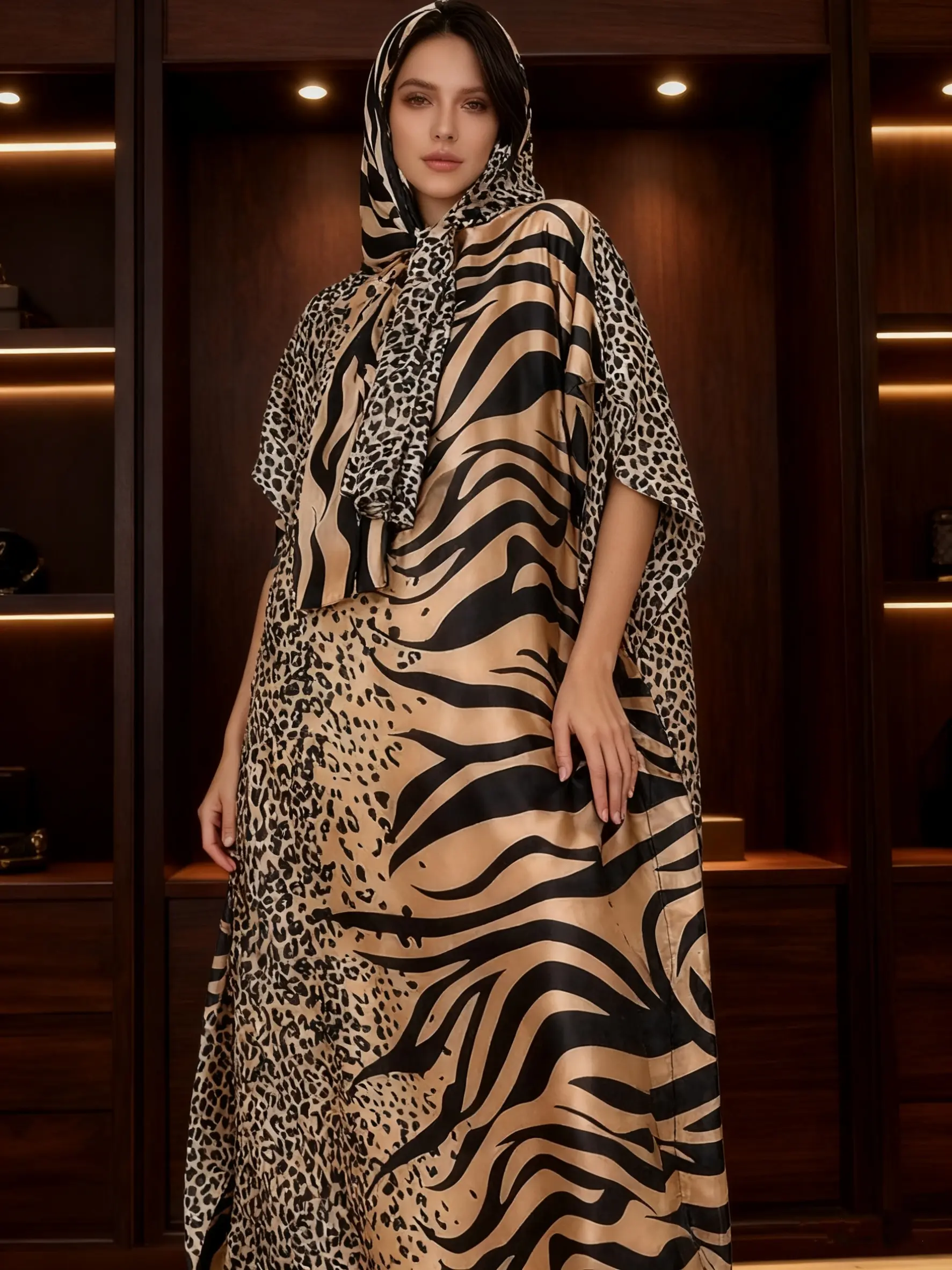 1 Dress+1 Scarf，Women's Leopard Print Scarf Dress Set, Elegant Loose-Fit Woven Fabric, Spring Summer Beach Vacation, All Seasons Casual Wear, Beachwear, Dress For Summer