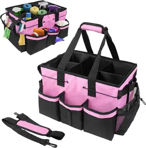 Large Cleaning Caddy Bag with Built-in Sturdy Support Panel Adjustable Shoulder Strap Multi-Compartment Design Cleaning Supplies Tote Bag for Cleaners and Housekeepers (Pink)