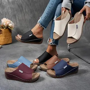 A32-Comfortable Orthopedic Wedge Sandals For Women 2026,Breathable Summer Solid Color Platform Slip On Walking Sandals With Arch Support,Open Toe Wide Casual Vacation Shoes Slippers