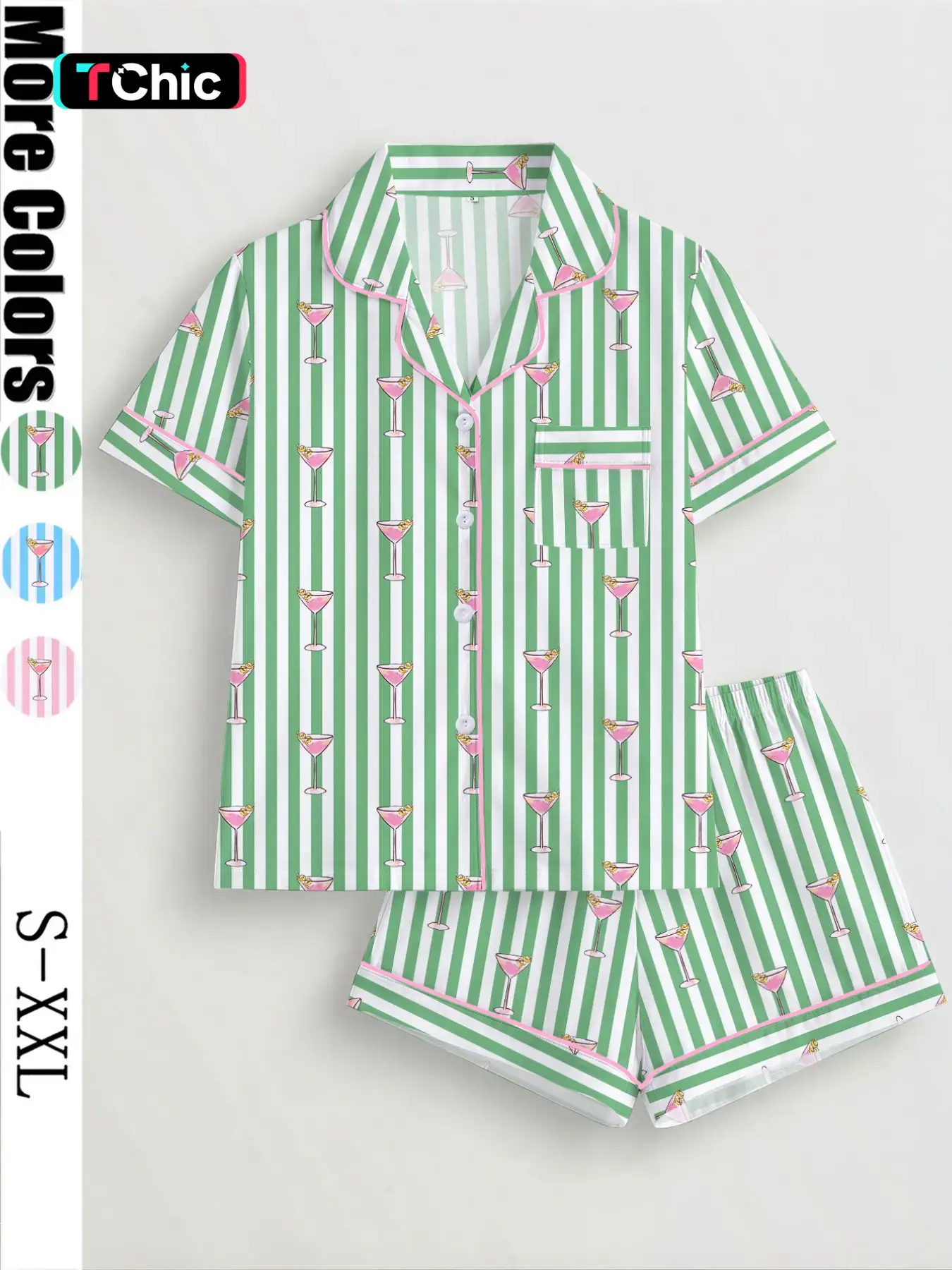 Women's Spring Summer Pajama Set, Striped Wine Glass Print Shirt Collar Short Sleeve Top and Loose Elastic Shorts Loungewear
