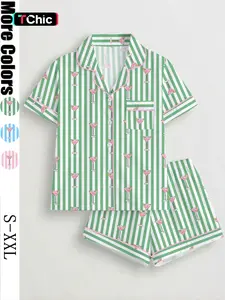Women's Spring Summer Pyjama Set, Loungewear, Striped Wine Glass Print, Comfortable Shirt Collar Short Sleeve Top & Loose Elastic Shorts