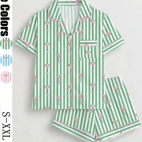 Women's Spring Summer Pajama Set, Striped Wine Glass Print Shirt Collar Short Sleeve Top and Loose Elastic Shorts Loungewear