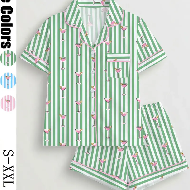 Women's Spring Summer Pajama Set, Striped Wine Glass Print Shirt Collar Short Sleeve Top and Loose Elastic Shorts Loungewear