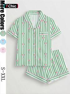 Women's Spring Summer Pyjama Set, Striped Wine Glass Print, Comfortable Shirt Collar Short Sleeve Top & Loose Elastic Shorts, Loungewear