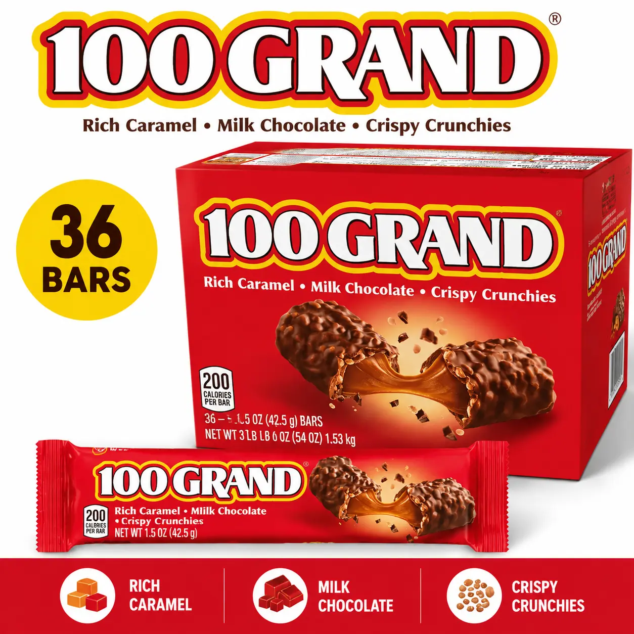 100 Grand Milk Chocolate Caramel Candy Bars 1.5 oz 36 Count  Crispy Caramel Chocolate Bars | Individually Wrapped Classic Treats