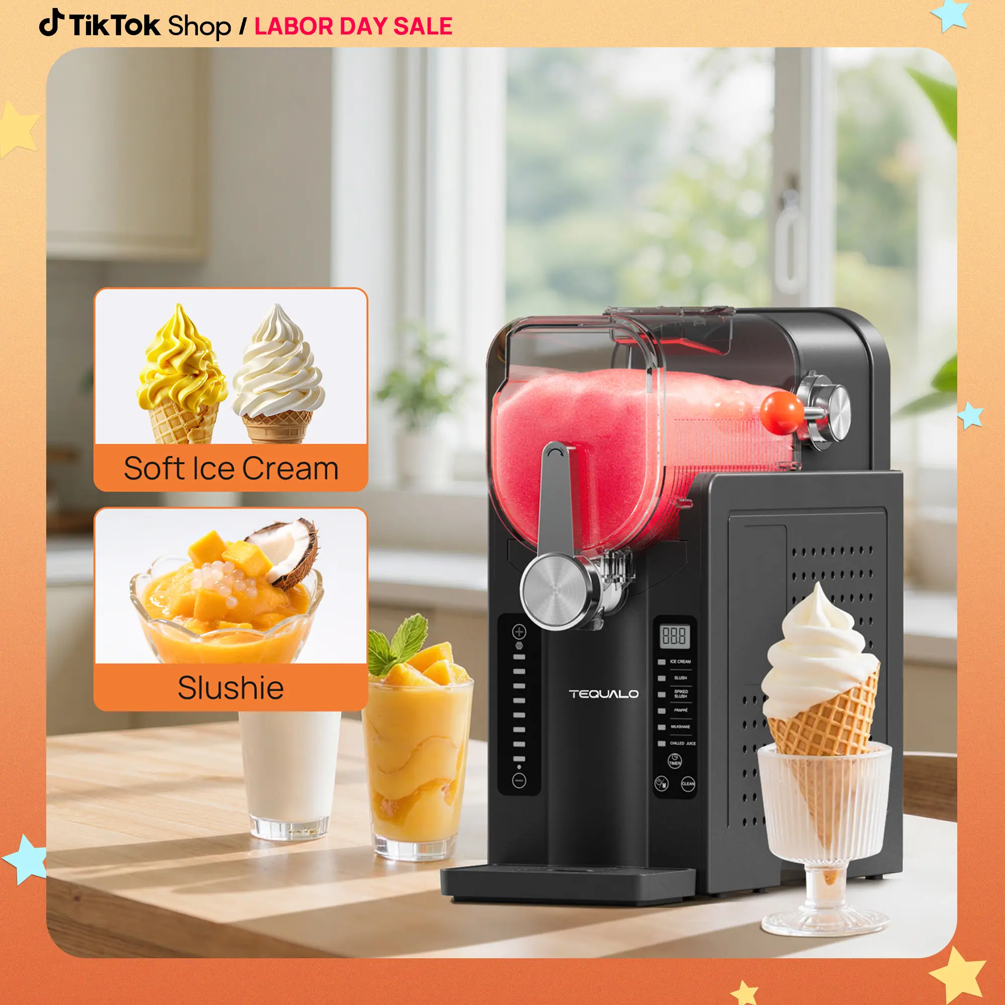 Slushie Machine, TEQUALO AD03 Professional Slushy Machine& Soft Serve Ice Cream, No need ice, Frozen Drink Maker with Self-Cleaning Function, Preset