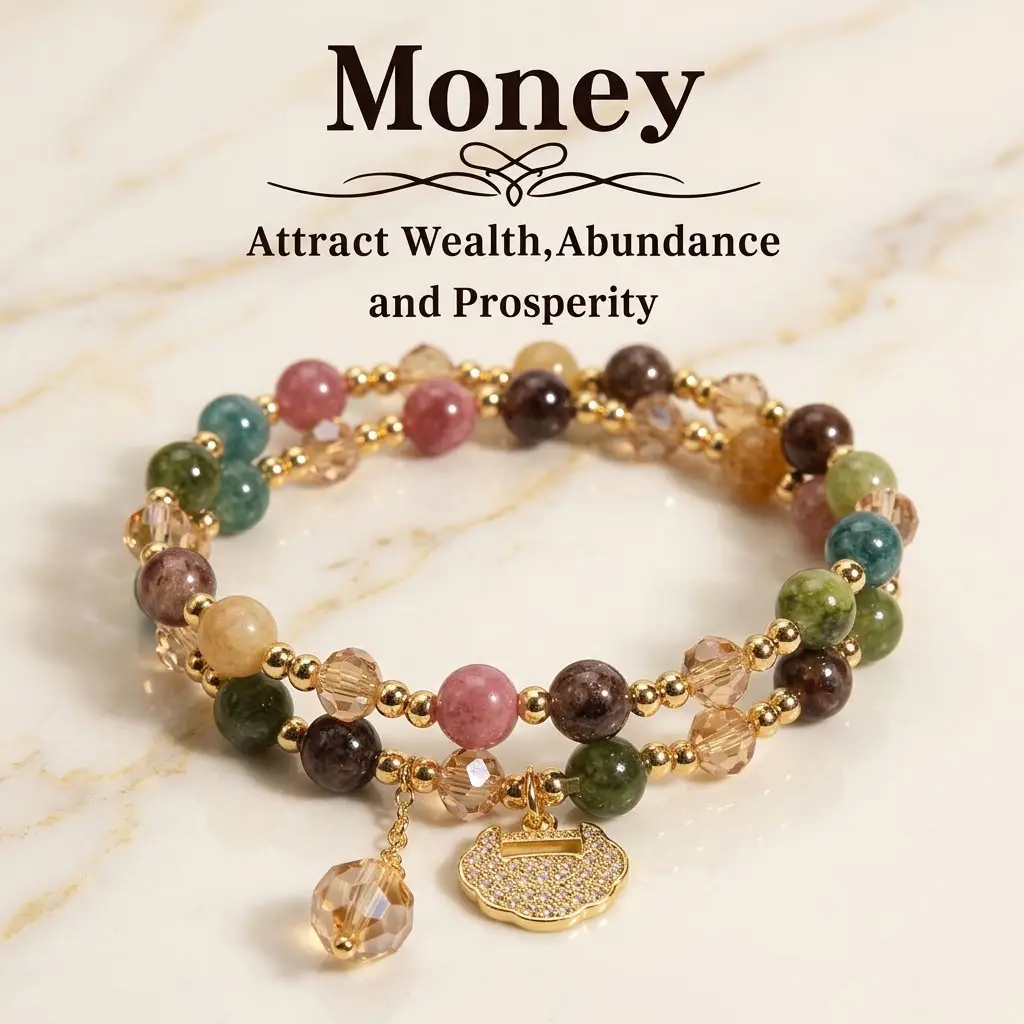 Boho Beaded Bracelet for Her, Double-Strand Rainbow Tourmaline and Crystal Beads with Auspicious Lock Charm for Daily Wear, Colorful, Dates, Double-Layer, Elegant, Bead Bracelets, Gentle Aesthetic