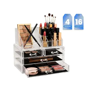 Clear Acrylic Storage Boxes – Stackable Makeup Organizer with 4 Drawers & 16 Slots, Dustproof for Cosmetics, Jewelry, Office – Easy Clean